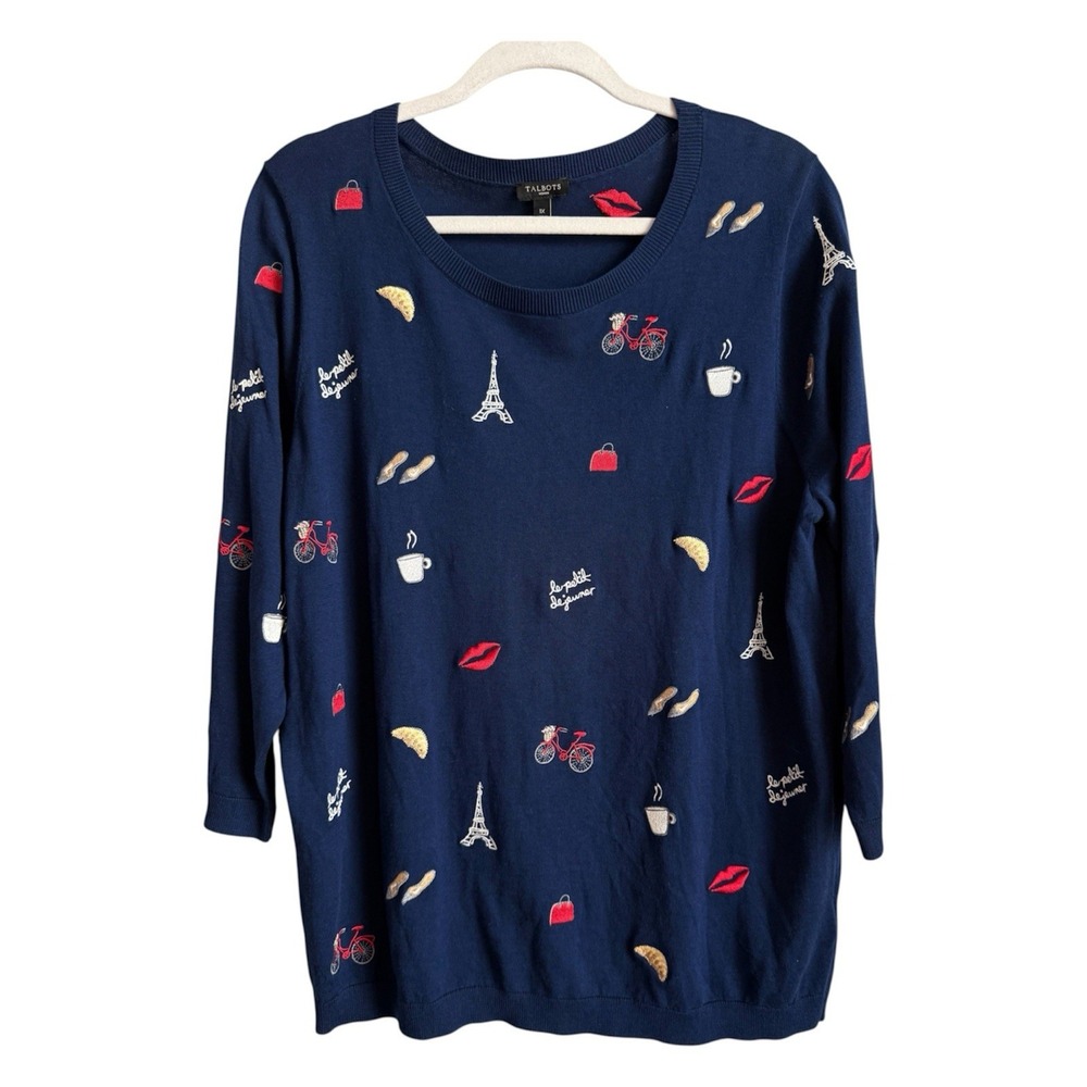 Talbots Navy Paris Embroidered Pullover Sweater Whimsical French Coquette 1X